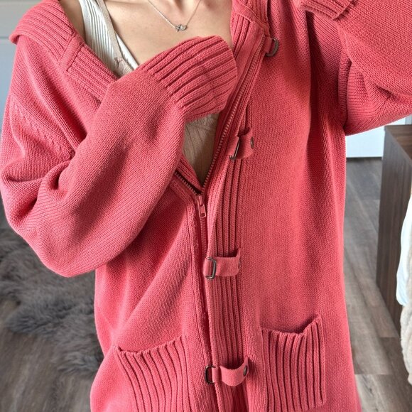 Y2K Coral Hooded Cardigan Jacket Full Zip Cotton Knit Retro Coastal Grandmacore - Picture 3 of 10